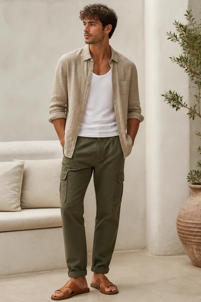 A warm-weather outfit: sand linen shirt worn open over a white tank, olive cargo pants, and tan leather slides. The shirt sleeves are rolled and the look is airy.