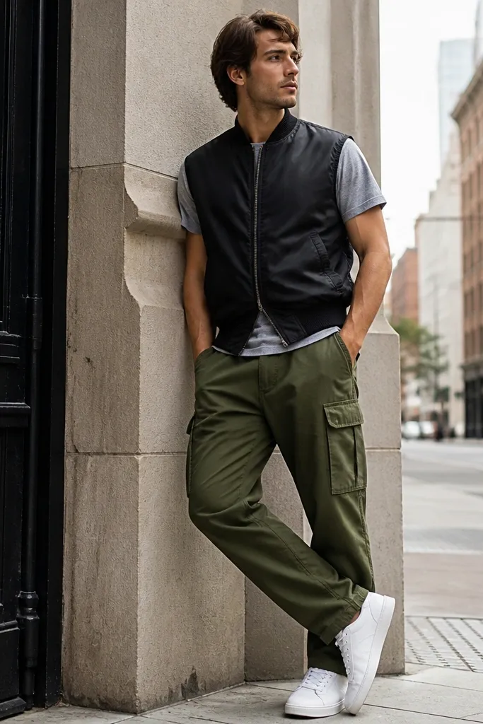 A layered street photo: black bomber vest over a gray tee, green cargo pants, and white sneakers. The vest has a ribbed hem and collar.