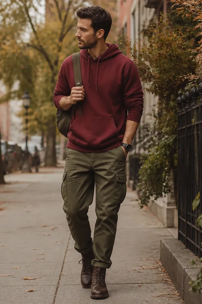 A fall street shot with a burgundy hoodie, olive cargo pants, and dark brown leather work boots. A leather watch and a small backpack strap appear in frame.