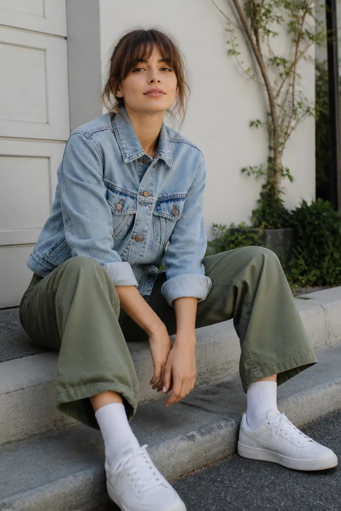 A spring street-style photo: light blue denim jacket, green cargo pants, and white sneakers with visible white crew socks. The jacket is buttoned and sleeves are slightly rolled.