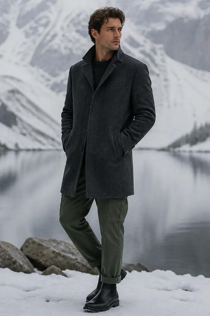 A winter look: charcoal overcoat worn over forest green cargo pants, black Chelsea boots, and a dark knit sweater peeking at the collar. The coat hangs to mid-thigh.
