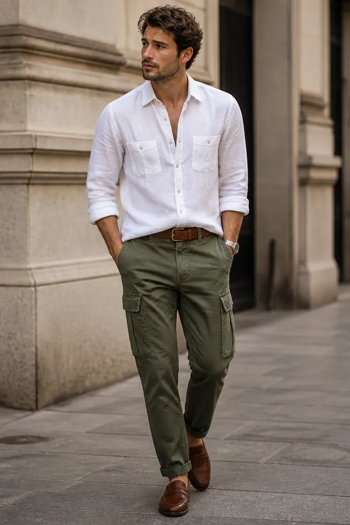 A smart-casual street photo with a light white denim shirt, green cargo pants, tan leather belt, and brown loafers. The shirt is half-tucked and sleeves are rolled.