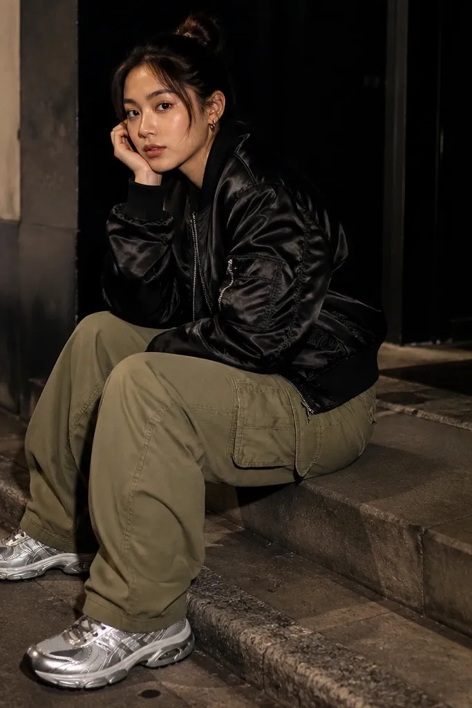 A nightlife street-style photo: olive cargo pants, a black satin bomber jacket, and silver metallic sneakers. The bomber has a glossy sheen and ribbed cuffs.