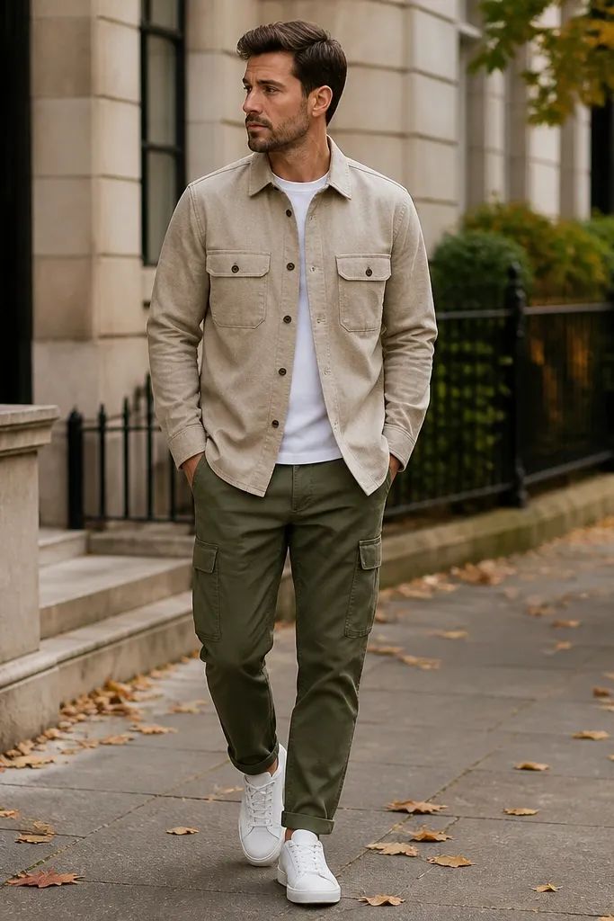 An early autumn street photo with a khaki overshirt over a white tee, green cargo pants, and white leather sneakers. The overshirt is buttoned with two front pockets visible.