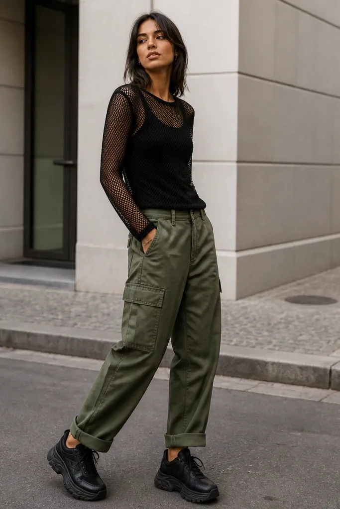 A street-style photo with a black long-sleeve mesh top layered over a black tank, green cargo pants, and chunky black trainers. The mesh texture is visible and the pants have rolled cuffs.