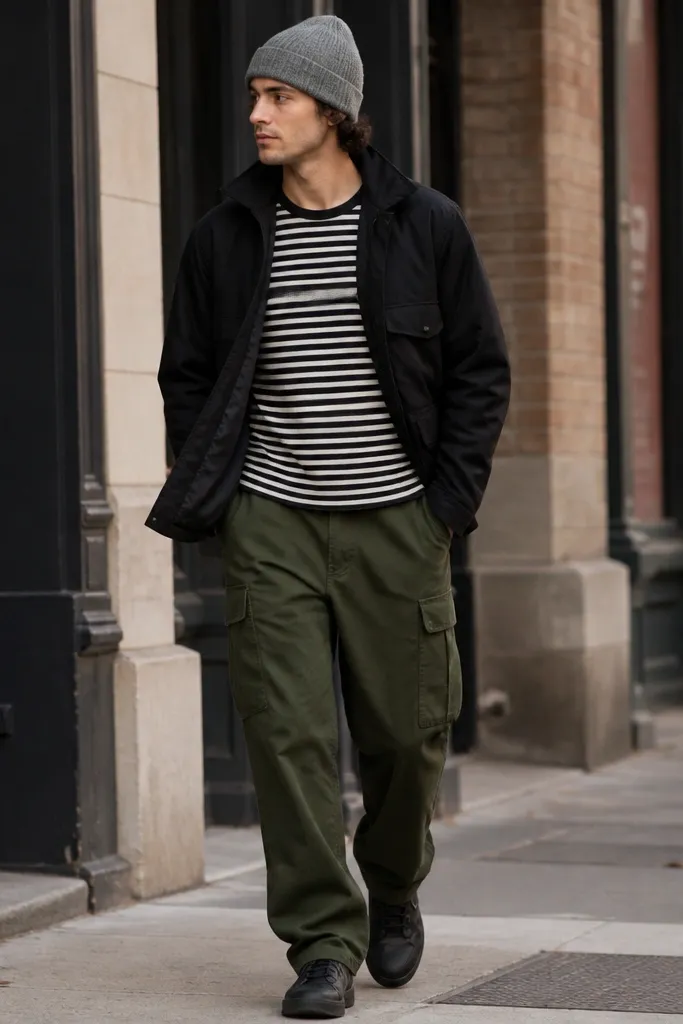 A cool-weather street shot: forest green cargo pants, a black-and-white striped tee, a gray wool beanie, and dark sneakers. A dark jacket is worn open.