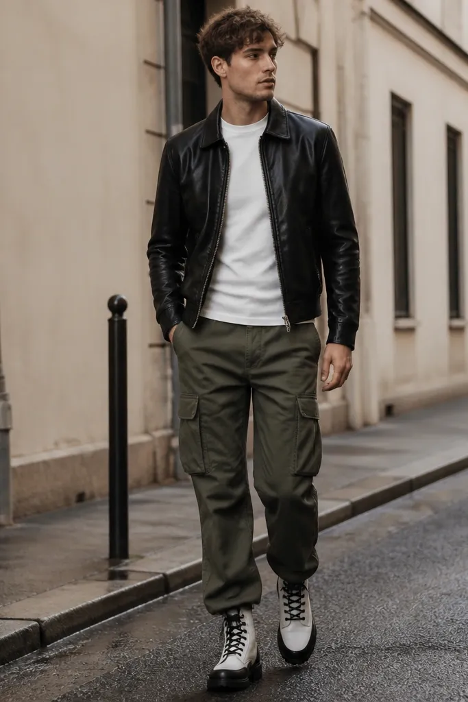 A street photo featuring olive green cargo pants, a black leather jacket, a white crew-neck tee, and black-and-white lace-up boots. The jacket is zipped halfway.