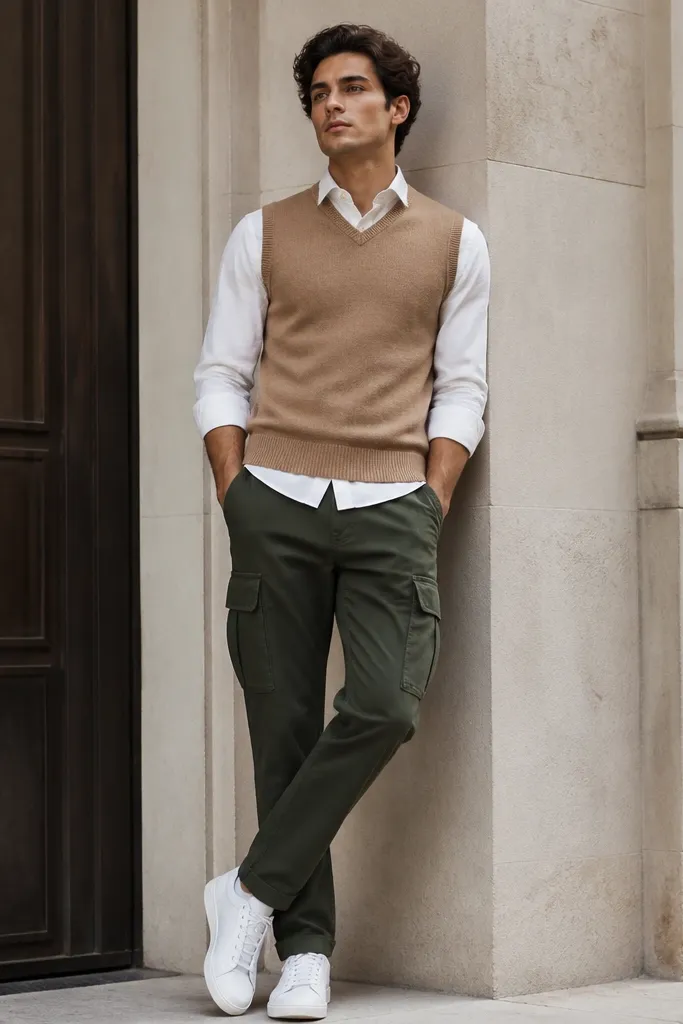 A layered street outfit: tan sweater vest over a white button-down, dark green cargo pants, and white sneakers. The vest is fitted and the shirt collar peeks out.