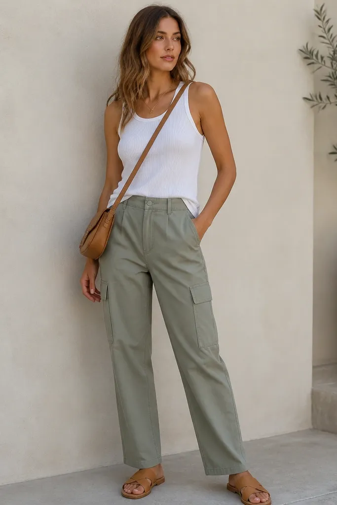 A model wearing light sage green cargo pants with a straight leg. The top is a white ribbed tank tucked neatly at the front. Tan leather slide sandals and a small crossbody bag in tan sit at the hip.