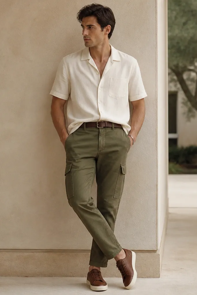 Olive green cargo pants paired with a cream short-sleeve button-up shirt. The shirt is worn slightly open at the collar and tucked at the front. Brown leather sneakers and a thin belt are visible.