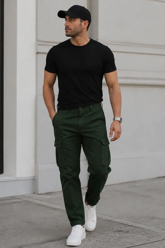 Deep green cargo pants with a black fitted T-shirt tucked slightly at the waist. Clean white low-top sneakers and a black baseball cap. A simple silver watch on the wrist.