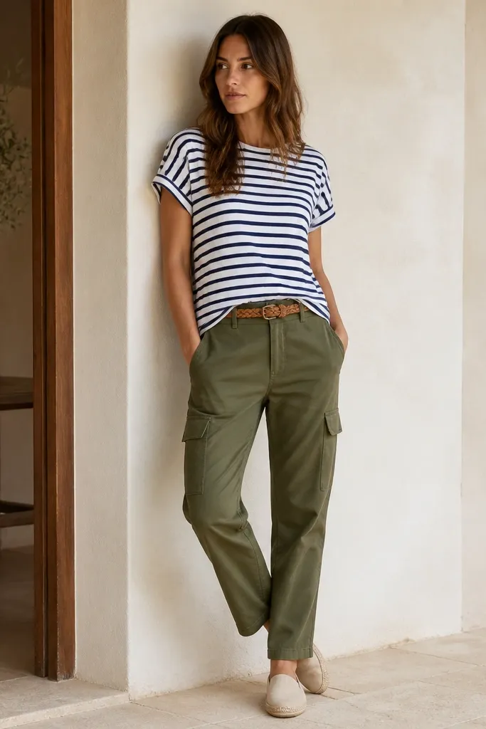 Olive cargo pants with a navy and white horizontal striped T-shirt. The tee is tucked at the front. Beige espadrille slip-ons and a braided belt in tan.