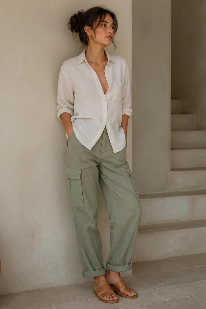 Sage green cargo pants worn with an off-white linen button-down. The shirt is half-buttoned and left slightly untucked. Gold hoop earrings and tan sandals.