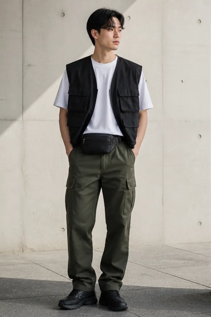 Olive cargo pants paired with a white crew-neck tee and a sleeveless black utility vest. The vest sits straight and the tee is tucked at the front. Black sneakers and a utility belt bag.