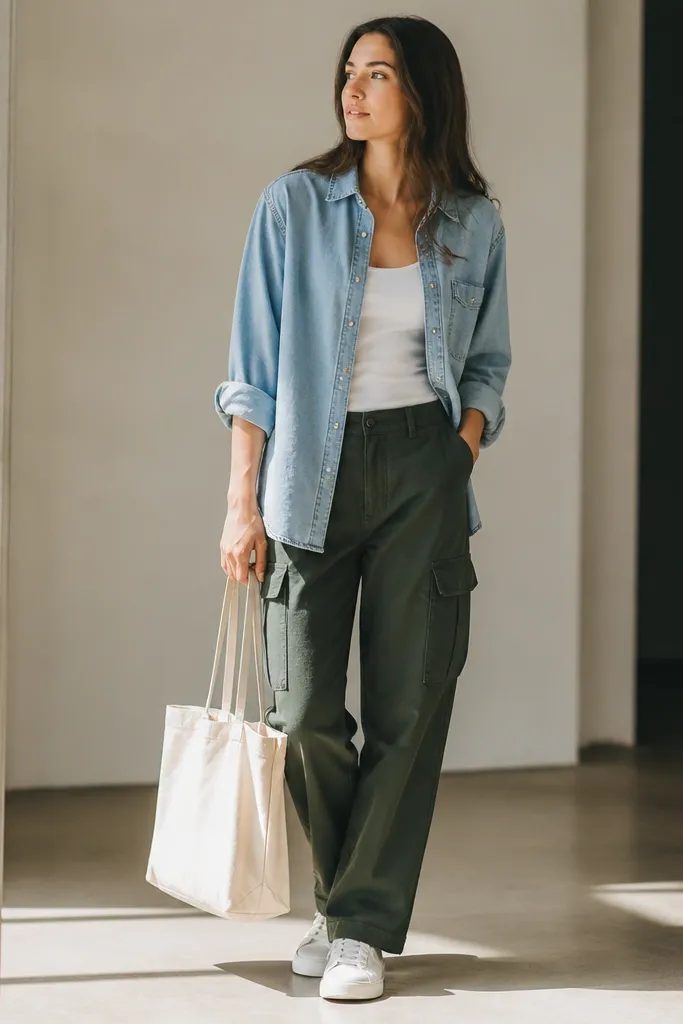 Deep green cargo pants with a light-wash denim button-up shirt. The denim shirt is worn open over a white tank and rolled sleeves. White sneakers and a simple canvas tote.