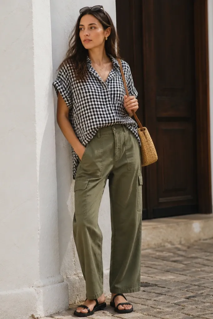 Olive cargo pants paired with a black-and-white gingham short-sleeve shirt. The shirt is half-tucked and worn with black flat sandals. A small woven shoulder bag appears.