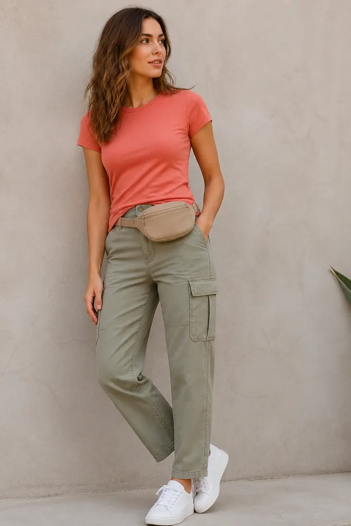 Sage green cargo pants with a coral fitted T-shirt. The tee is tucked at the front and the rest hangs smoothly. White sneakers and a light tan belt bag.
