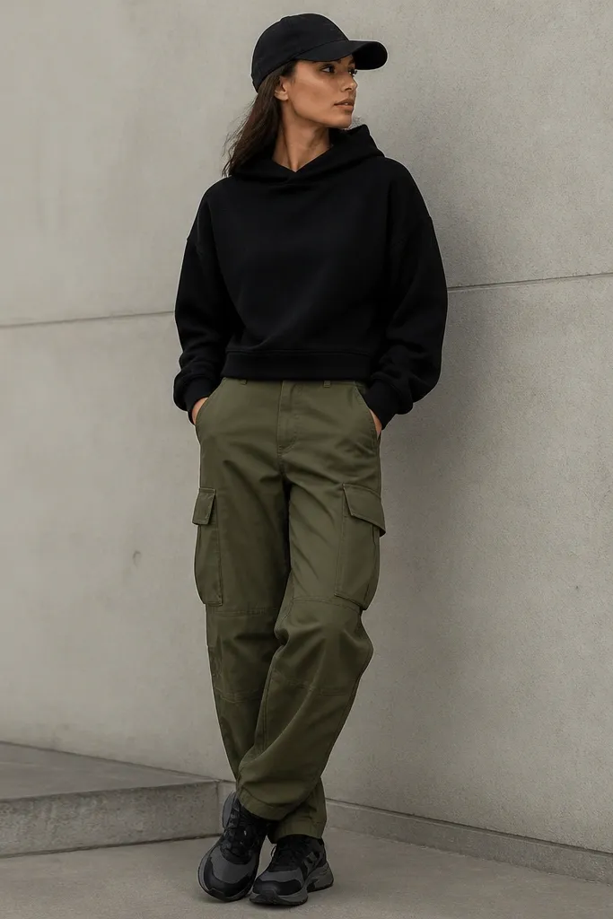 Olive cargo pants paired with a black cropped hoodie. The hoodie is pulled cleanly over the waistband. Black-and-gray sneakers and a black cap.
