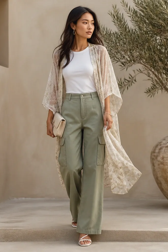 Sage green cargo pants with a plain white fitted tee. Over it is a sheer light kimono overlay with a subtle pattern. White sandals and a small clutch.
