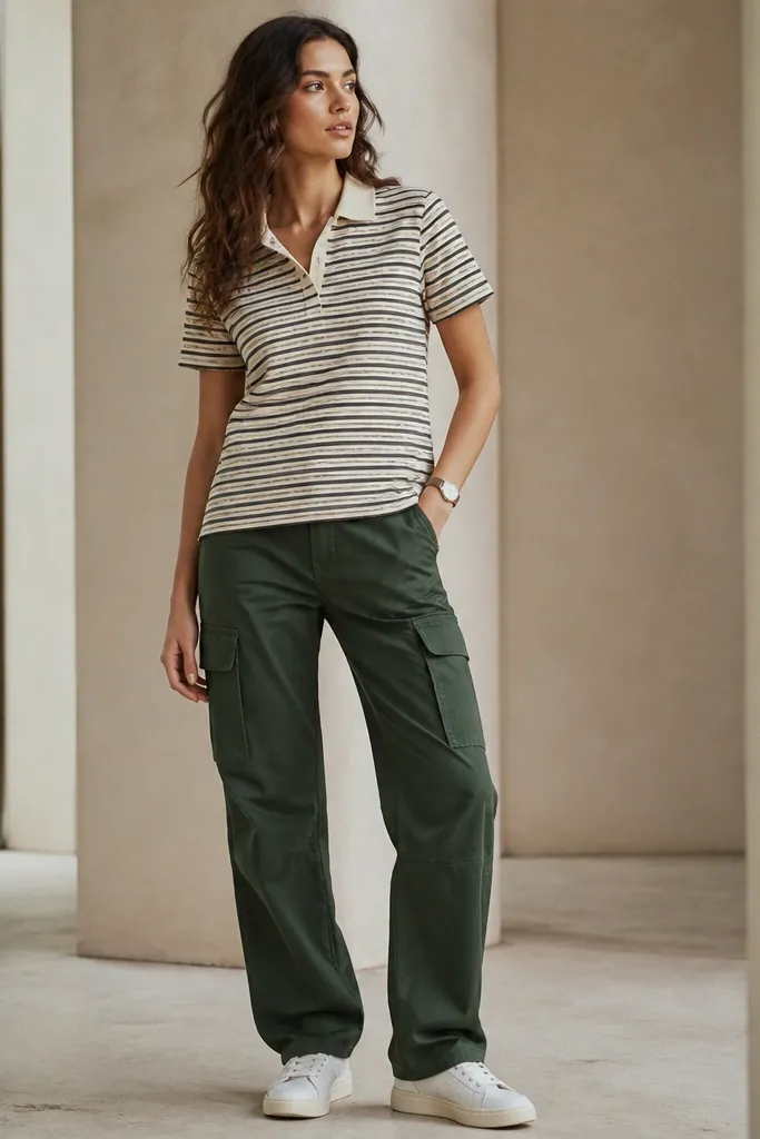 Deep green cargo pants paired with a striped polo shirt worn like a short tunic. The shirt is untucked but sits high at the hips. White sneakers and a simple watch.