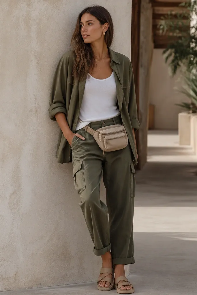 Olive cargo pants with a white tank tucked at the front. An olive overshirt is worn open, with sleeves rolled to the forearm. Light brown sandals and a canvas belt bag.