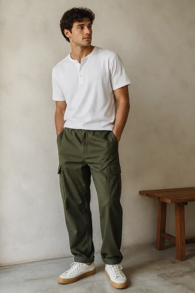Deep green cargo pants worn with a white short-sleeve shirt that looks like a tee with a button placket. The shirt is lightly tucked. Canvas sneakers in white with gum soles.