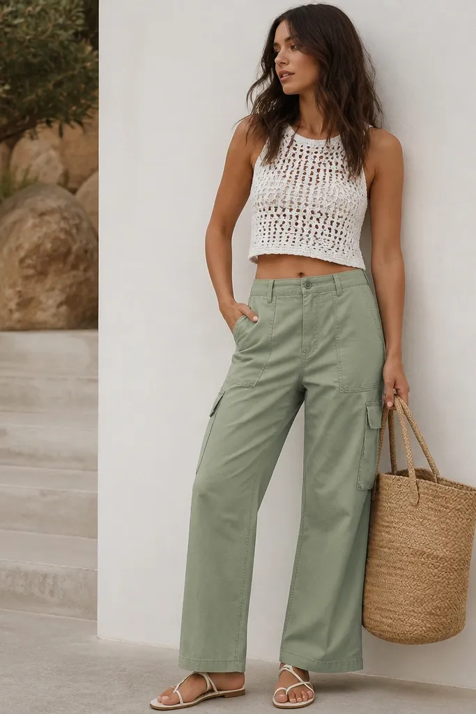 Sage green cargo pants with a white crochet crop top. The crochet has a small open-knit pattern. Flat sandals in white and a straw tote.