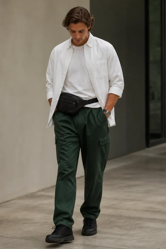 Deep green cargo pants with a white overshirt worn open. A black belt bag sits across the waist. Black sneakers and a watch are visible.