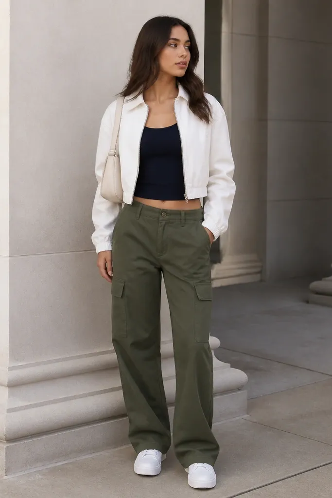 Olive cargo pants paired with a navy tank top. Over it is a white cropped jacket with a light sheen. White sneakers and a small shoulder bag in off-white.