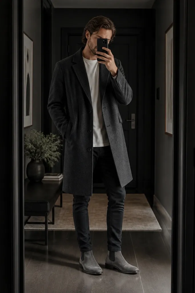 A full-body mirror shot showing a charcoal overcoat over a white crew-neck tee, slim black denim with a clean break at the boot top, and grey Chelsea boots with side storage panels. The background is a dark hallway; the boots are the focal point.