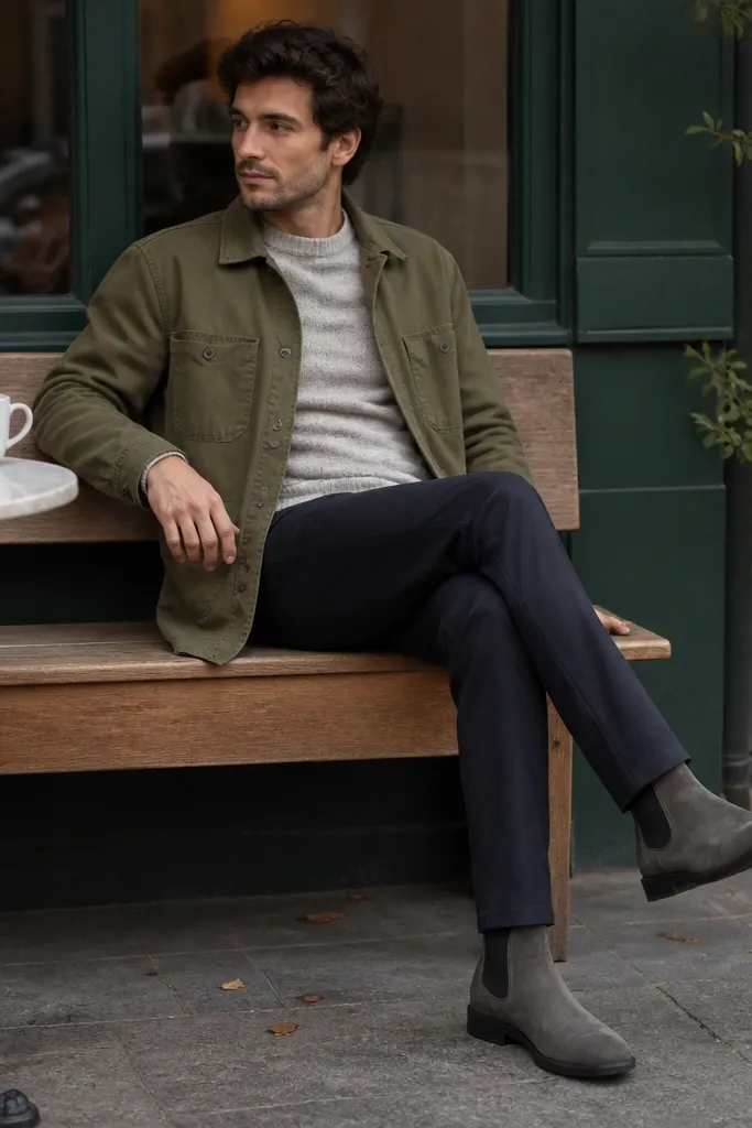 A seated photo on a café bench: an olive chore jacket, a light grey crew knit, tapered navy trousers with a slight break at the boot, and grey Chelsea boots with visible side storage edges.