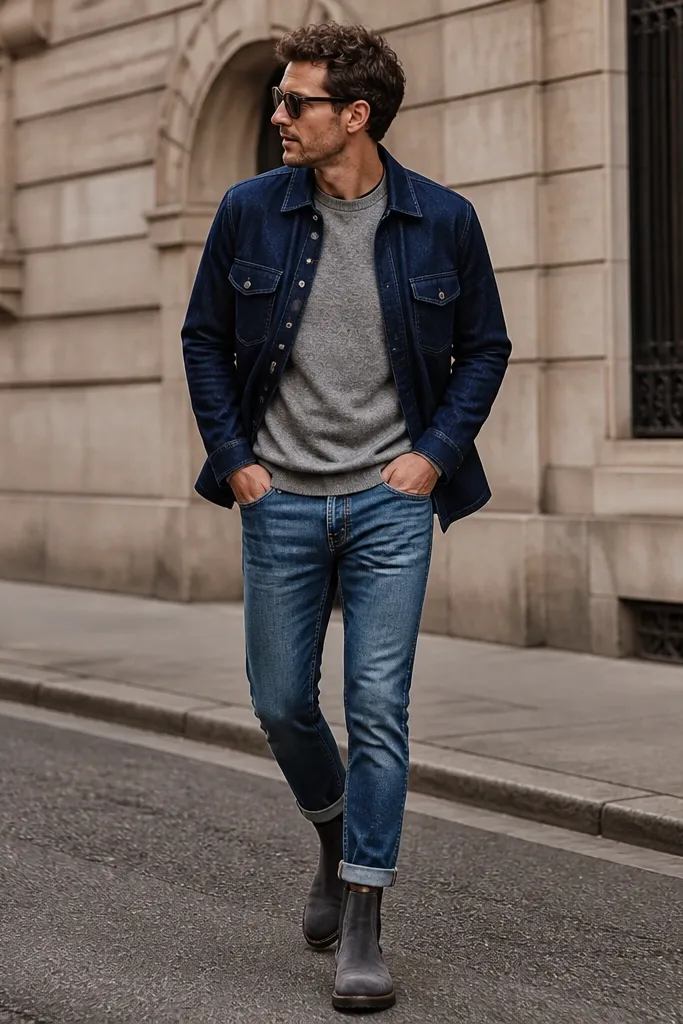 A street-style shot: indigo denim overshirt over a grey crewneck, medium-wash jeans cuffed slightly to show the boot top, and grey Chelsea boots with side compartments.