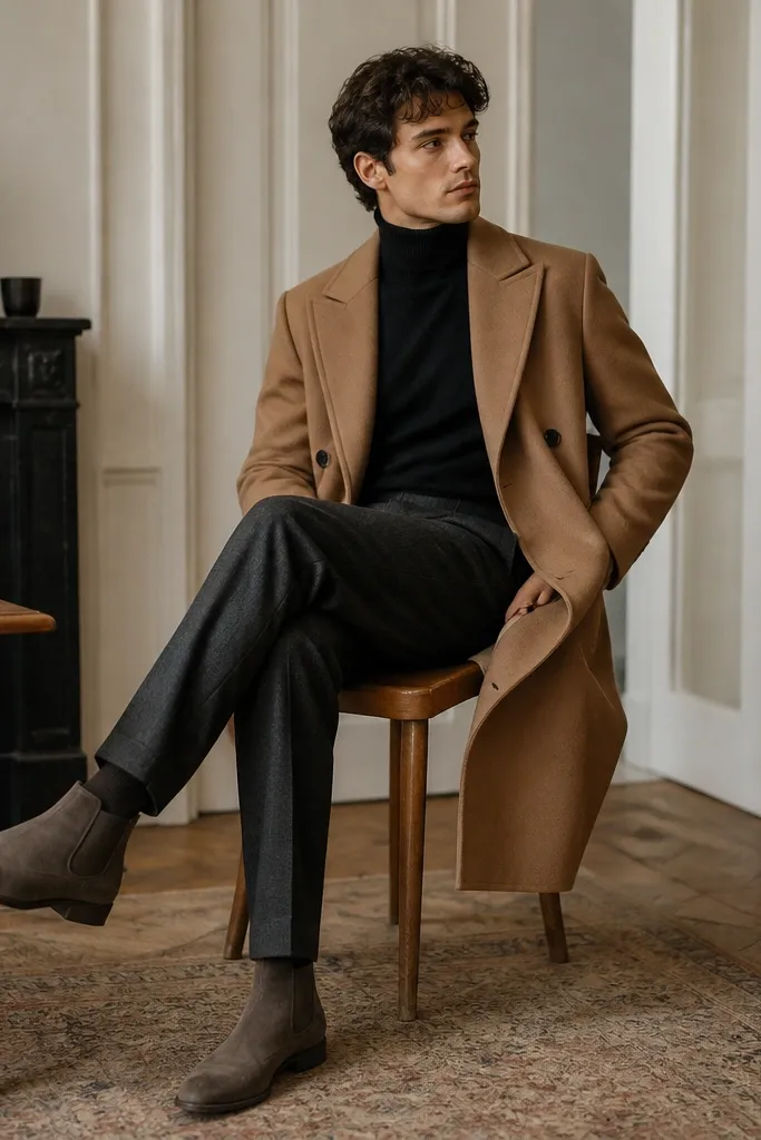 A winter-ready indoor shot: black turtleneck under a camel overcoat, charcoal wool trousers with a neat break, and grey Chelsea boots with visible storage panel stitching.