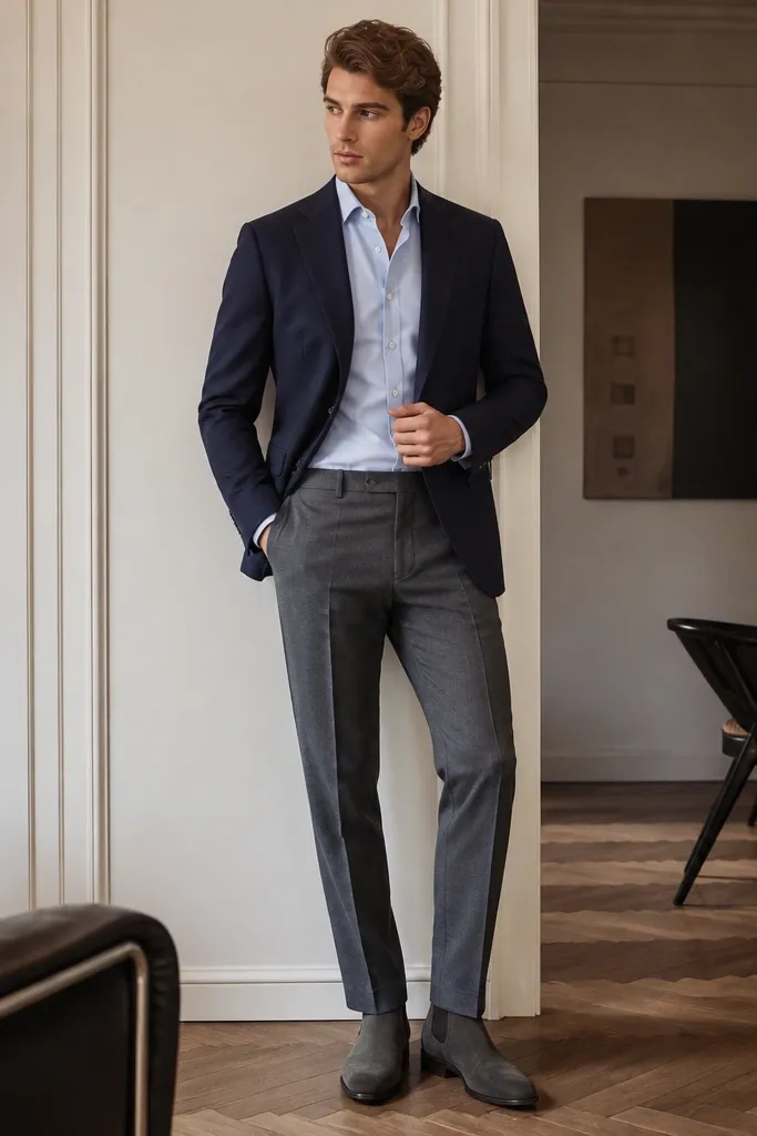 An office-to-event look: light blue Oxford button-down under a navy blazer, grey flannel trousers with a controlled break, and grey Chelsea boots with side storage edges.