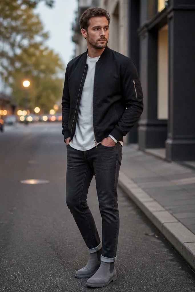 Casual evening street shot: white long-sleeve tee under a black bomber jacket, charcoal tapered jeans with a slight cuff, and grey Chelsea boots with storage compartments.