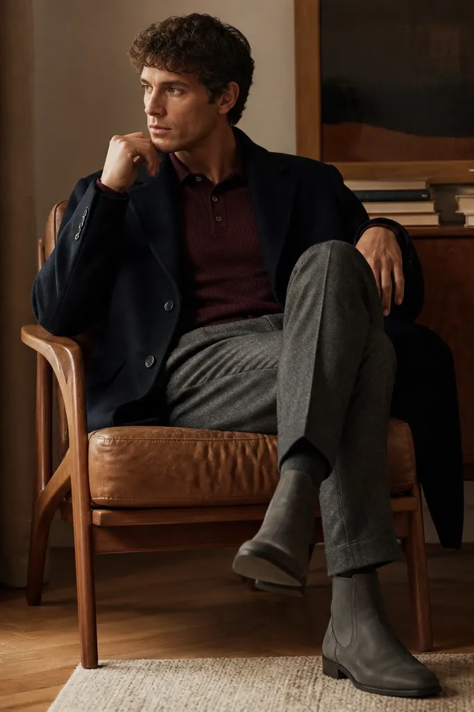 A warm-toned indoor shot: burgundy knit polo layered under a dark overcoat, grey wool trousers with a clean break, and grey Chelsea boots with storage panel seams.