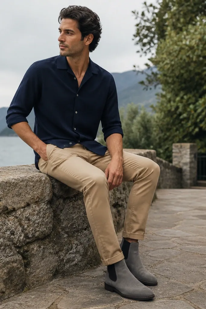 A casual outdoor scene: navy camp collar shirt with sleeves rolled to mid-forearm, tan chinos with a neat break, and grey Chelsea boots with storage compartments visible.