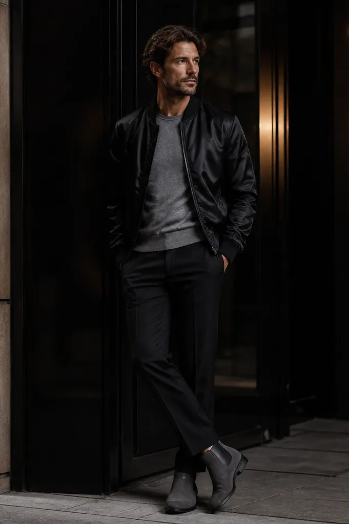 A night-time look: black satin bomber with a slight sheen, grey thermal tee, black slim trousers with a clean break, and grey Chelsea boots with storage compartments.