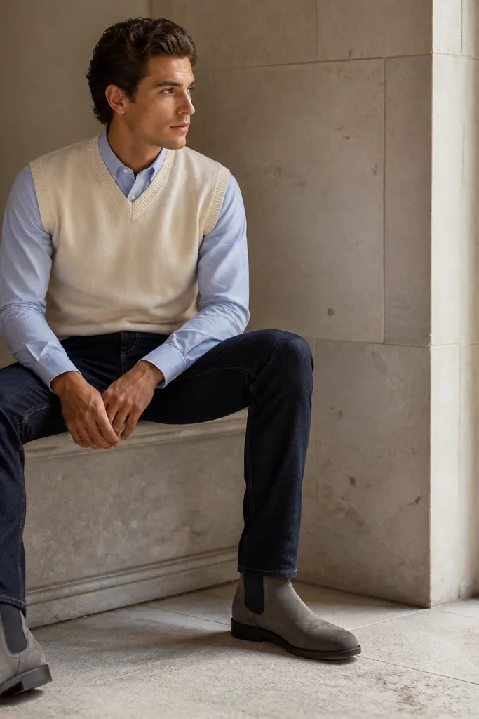 A layered collegiate look: cream sweater vest over a light blue dress shirt, dark jeans with a clean hem at the boot top, and grey Chelsea boots with storage panel stitching.