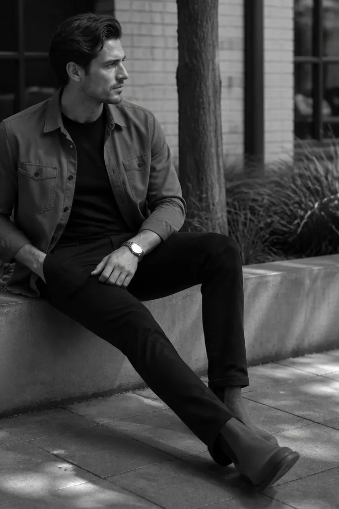 A monochrome casual shot: grey over-shirt over a dark tee, black chinos with a short break at the boot, and grey Chelsea boots with storage compartments. A silver watch catches light.