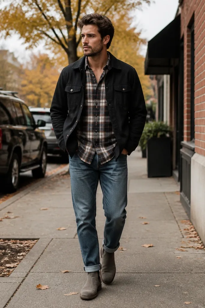 A fall street photo: checked flannel shirt layered under a black overshirt, cuffed medium-wash jeans, and grey Chelsea boots with storage panels visible.