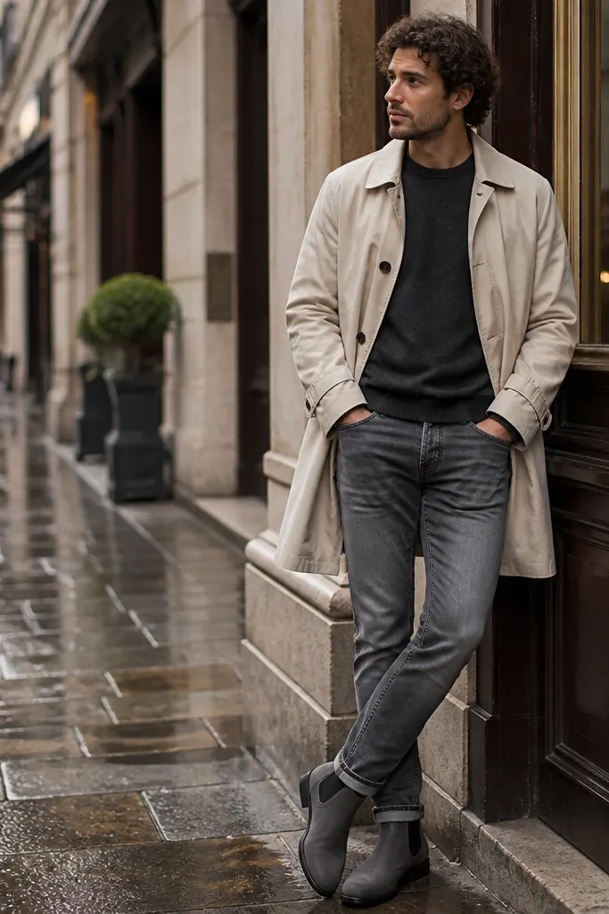 A rainy-day vibe: cream trench coat over a charcoal crewneck, grey-toned denim with a light break at the boot, and grey Chelsea boots with storage compartments highlighted by wet light.
