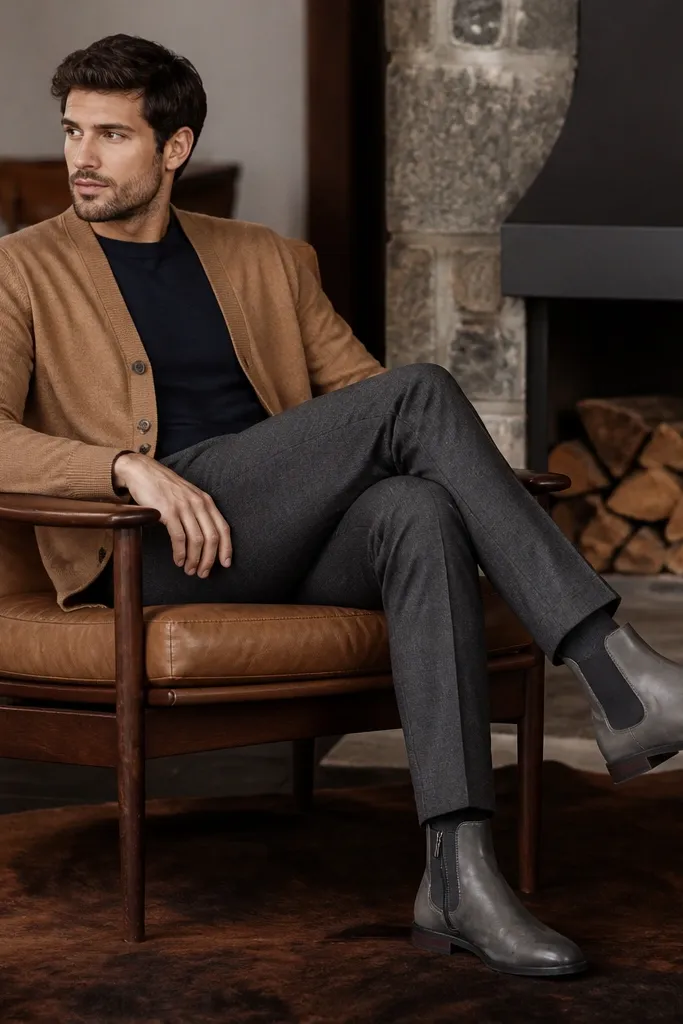 A cozy event look: navy t-shirt under a camel cardigan, grey trousers with a neat break at the boot top, and grey Chelsea boots with side storage compartments. The camera angle shows the boot side seam clearly.