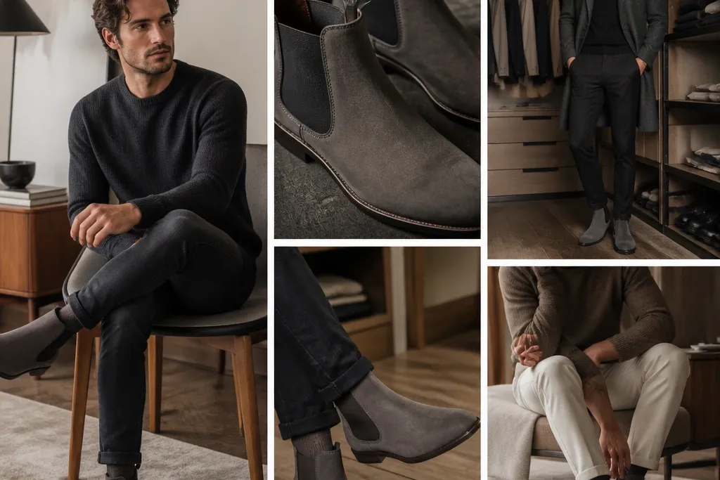 Grey Chelsea Boots Men Outfit Ideas with Storage