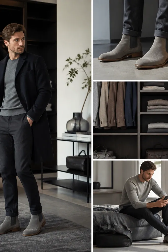 Grey Chelsea Boots Men Outfit Ideas with Storage