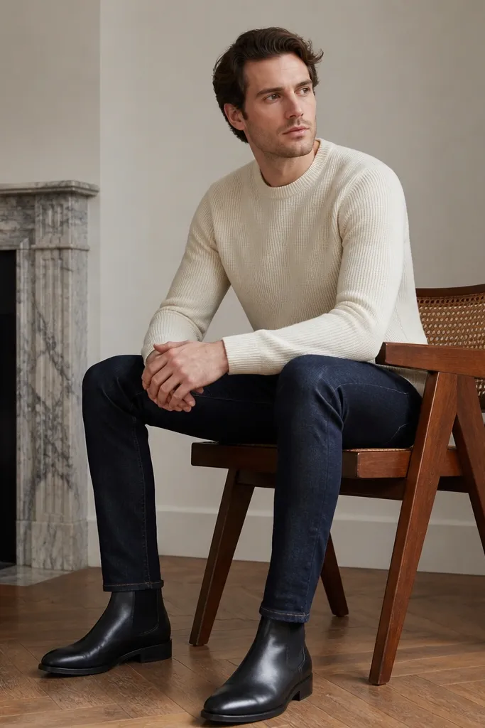 A man wearing black leather chelsea boots with a short stacked heel, paired with a cream crewneck sweater and dark indigo slim jeans. The scene shows the boots clearly at ankle level, with the jeans tapering slightly into the boot opening.