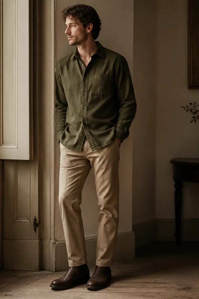 A person wearing dark brown leather chelsea boots with elastic side panels, paired with an olive green overshirt and straight khaki chinos. The boots sit under the chinos with a small break, and the overshirt collar is open at the top.