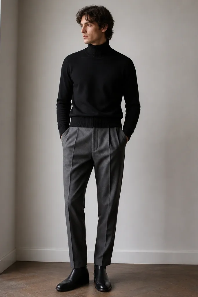 A close, full-body outfit photo showing black leather chelsea boots under grey wool trousers, with a black turtleneck sweater. The look is monochrome at the top and mid-tone at the legs.