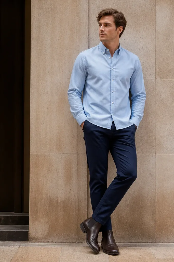 A man wearing dark brown leather chelsea boots with a slight sheen, a light blue button-down Oxford shirt worn untucked, and navy chinos. The shirt hem ends around the belt line, and the chinos taper slightly into the boot.