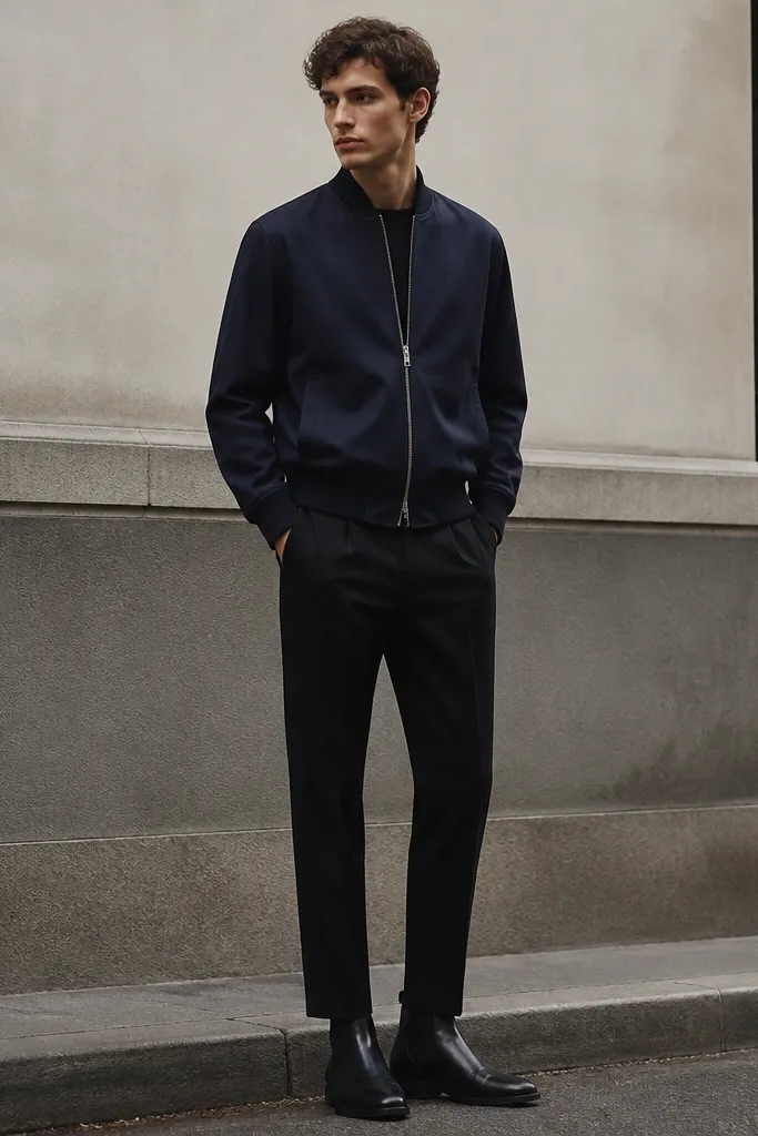 A street-style outfit featuring black leather chelsea boots, a navy bomber jacket, and black trousers with a clean tapered leg. The jacket is zipped, and the trousers show a slight cuffless finish at the ankle.